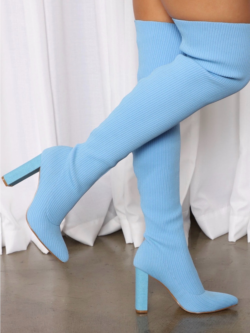 Fashion Nova Sky Blue Over-the-Knee Ribbed Sock Boots
